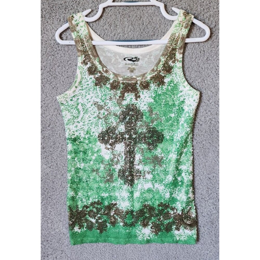 Roper Women's Sleeveless Round Neck‎ Tank Top Full Sequin Front Cross Green Sz S